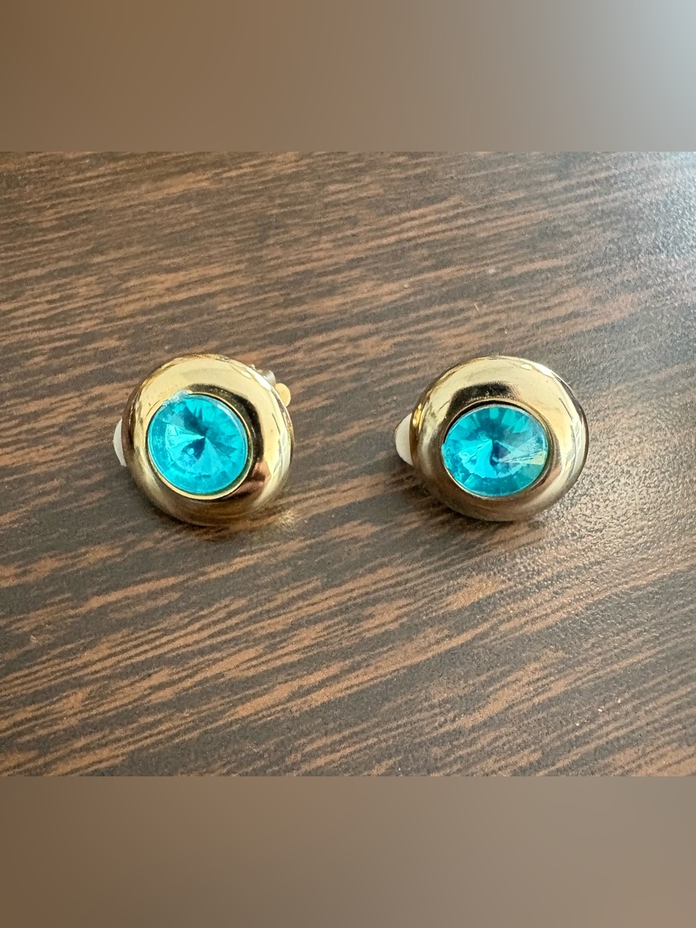 Vintage Aqua Blue Rhinestone Clip-On Earrings Gold Statement Earrings 80s 90s